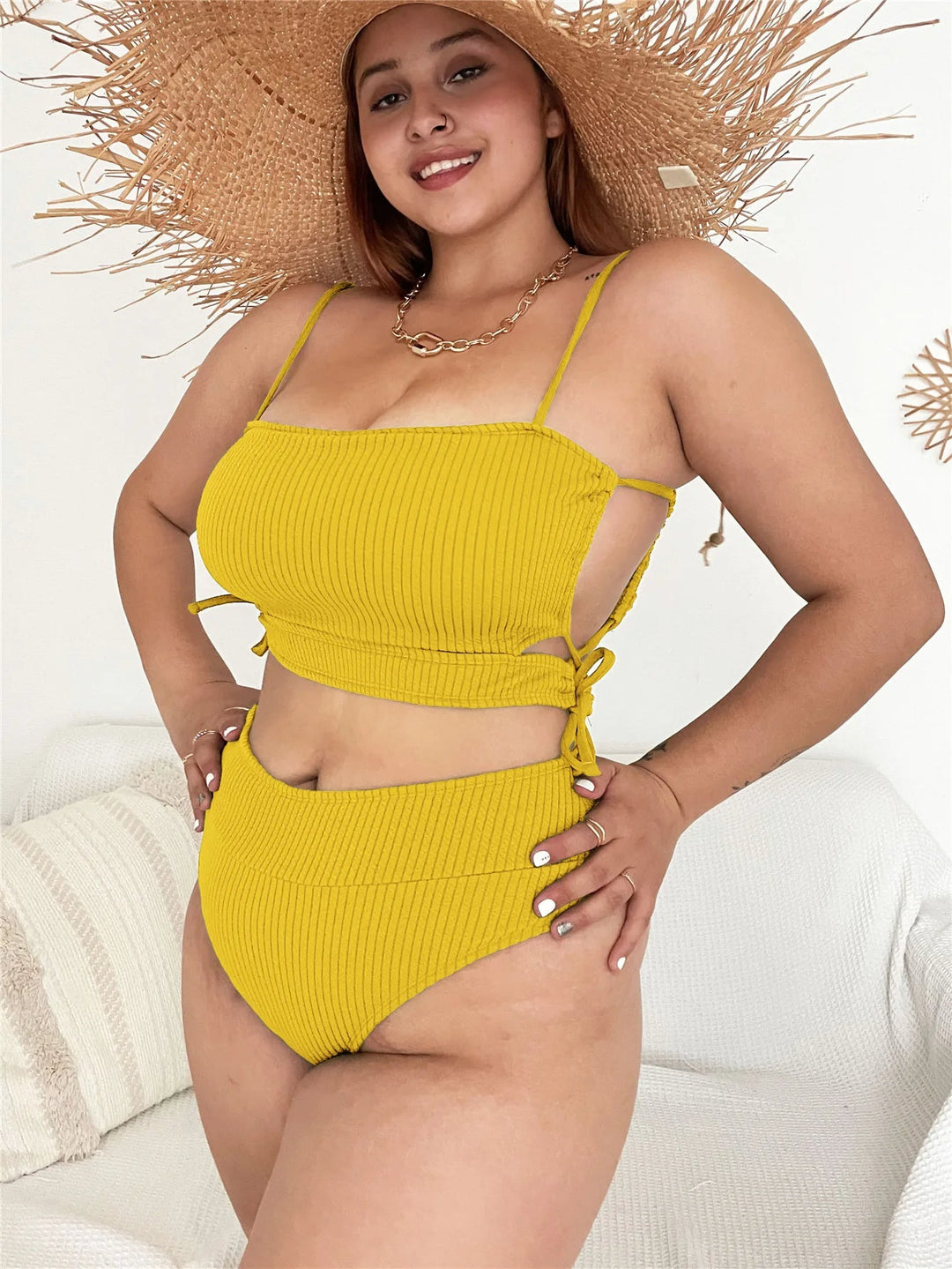 Plus Size Beach Babe Bikini Set with Side Tie-Yellow-2XL-State of Style