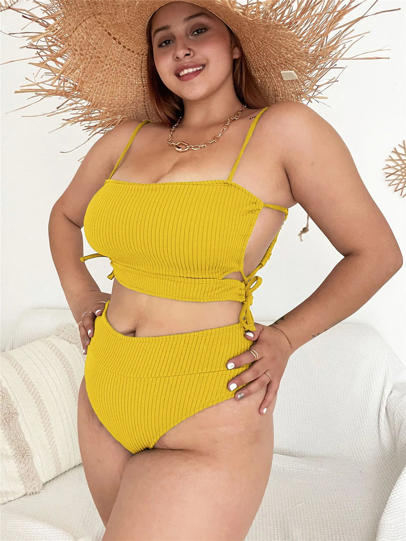 Plus Size Beach Babe Bikini Set with Side Tie-Yellow-2XL-State of Style