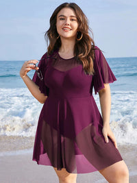 Plus Size Beach Cover-Up with Ruffle Sleeves & Elegant Mesh Detail-Blue-2XL-State of Style