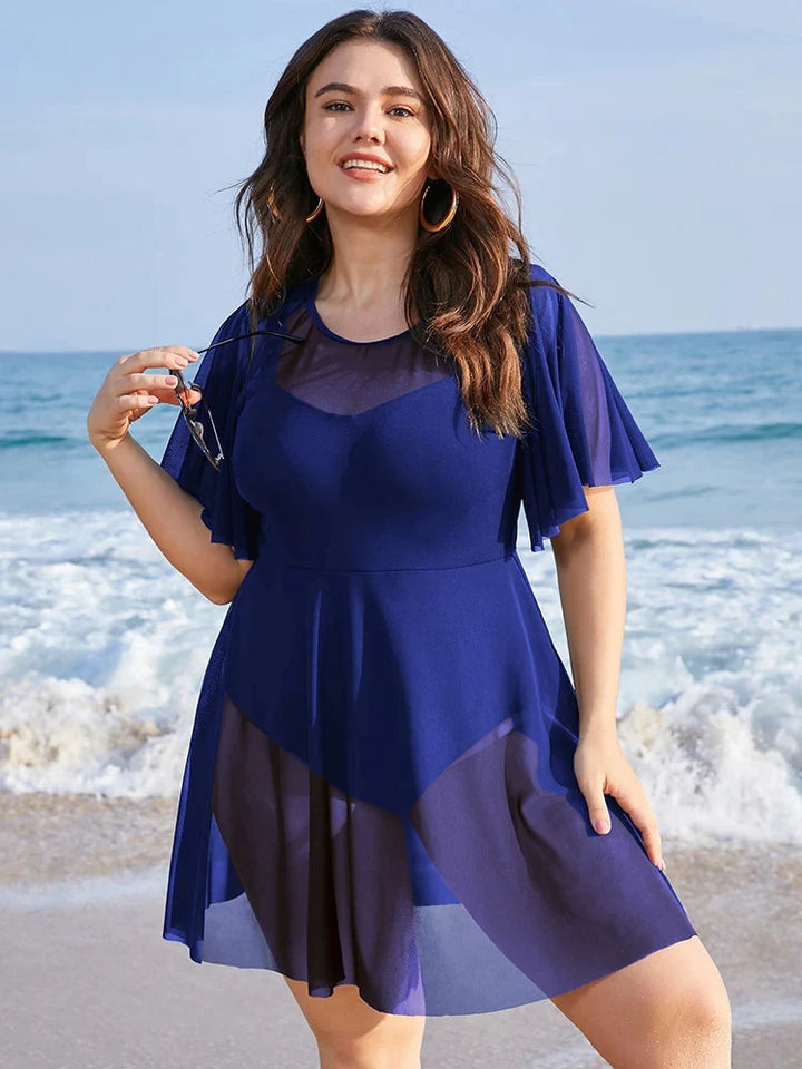 Plus Size Beach Cover-Up with Ruffle Sleeves & Elegant Mesh Detail-Blue-2XL-State of Style