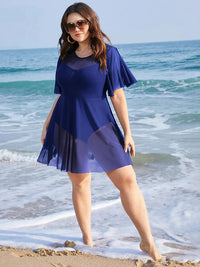 Plus Size Beach Cover-Up with Ruffle Sleeves & Elegant Mesh Detail-Blue-2XL-State of Style