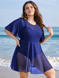 Plus Size Beach Cover-Up with Ruffle Sleeves & Elegant Mesh Detail-Blue-2XL-State of Style