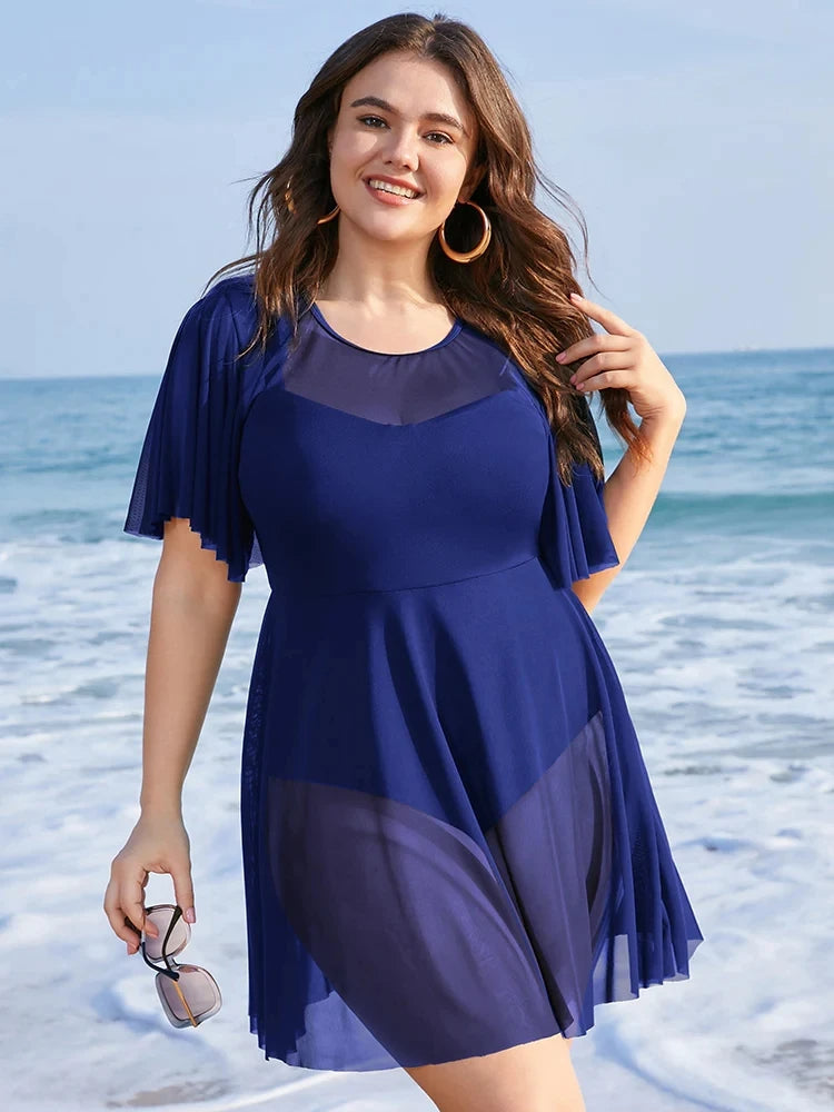 Plus Size Beach Cover-Up with Ruffle Sleeves & Elegant Mesh Detail-Blue-2XL-State of Style