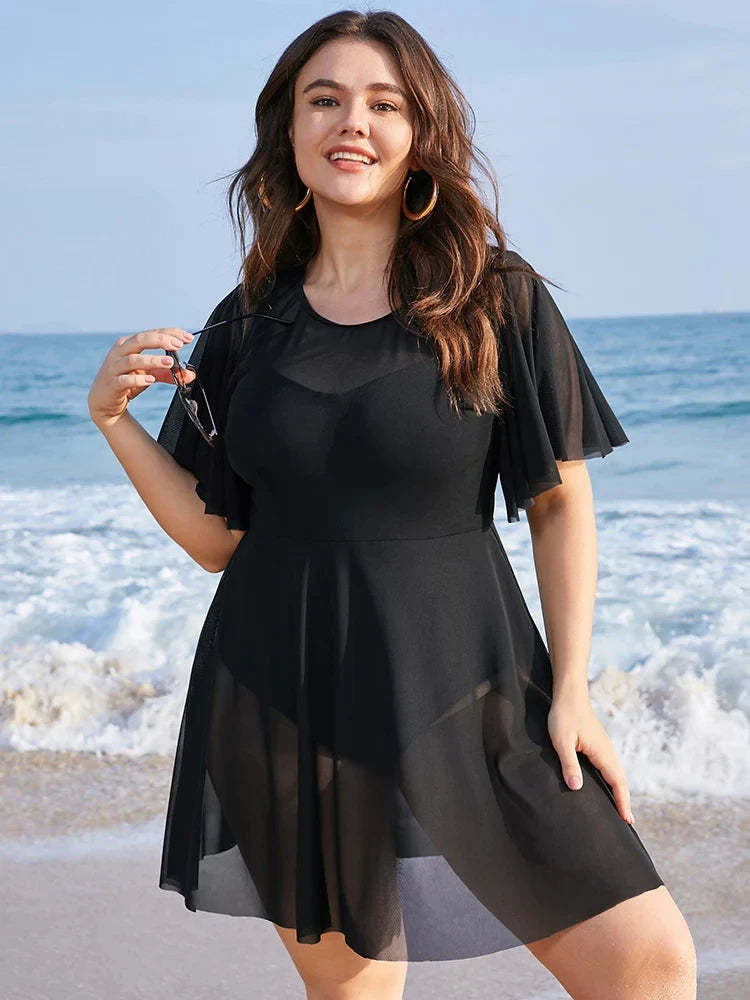 Plus Size Beach Cover-Up with Ruffle Sleeves & Elegant Mesh Detail-Blue-2XL-State of Style