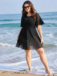 Plus Size Beach Cover-Up with Ruffle Sleeves & Elegant Mesh Detail-Blue-2XL-State of Style