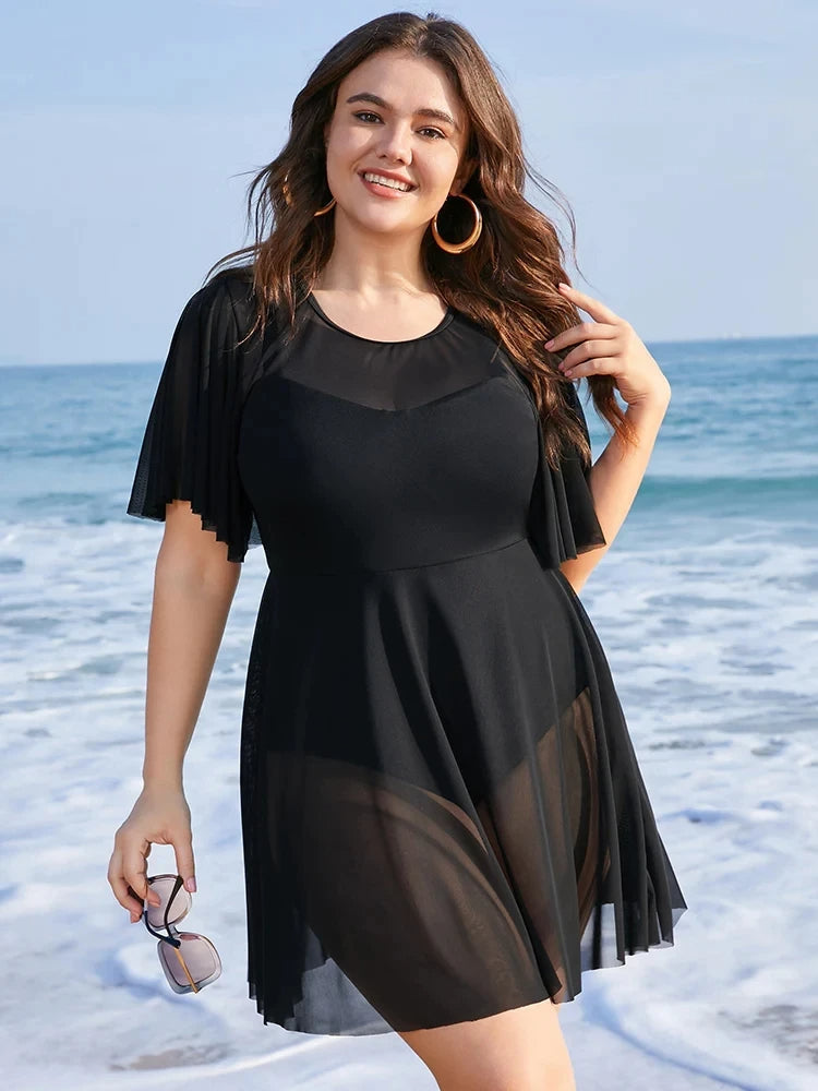 Plus Size Beach Cover-Up with Ruffle Sleeves & Elegant Mesh Detail-Blue-2XL-State of Style
