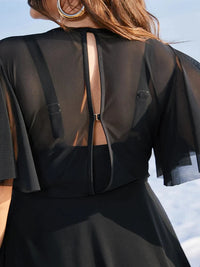 Plus Size Beach Cover-Up with Ruffle Sleeves & Elegant Mesh Detail-Blue-2XL-State of Style