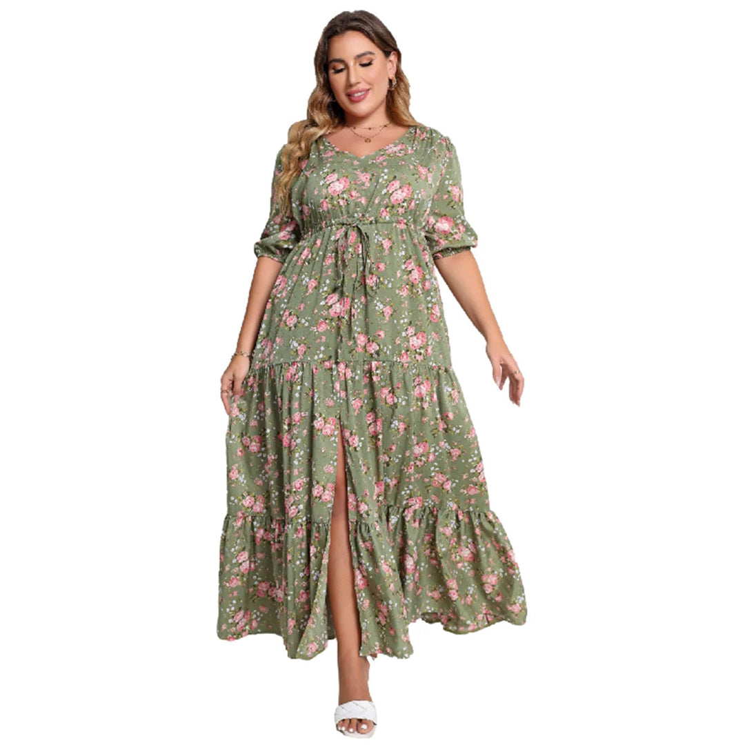Plus-Size Boho Summer Dress with Floral Print-Army Green-2XL-State of Style