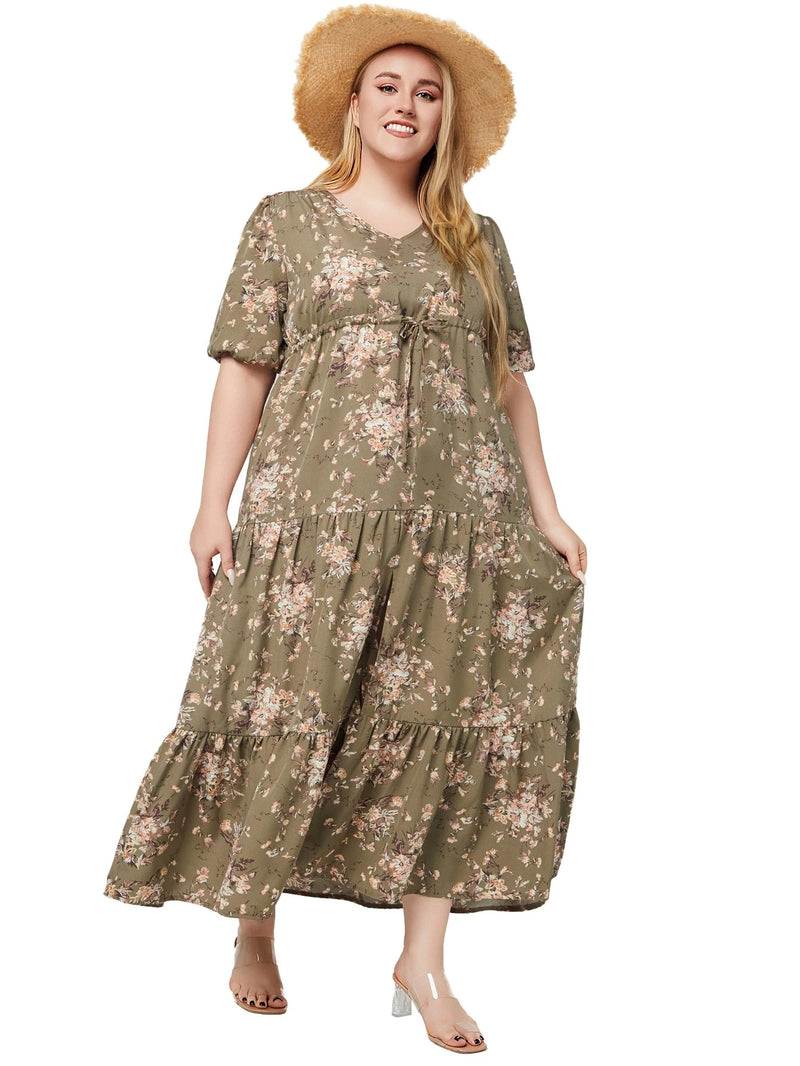 Plus-Size Boho Summer Dress with Floral Print-Green-2XL-State of Style