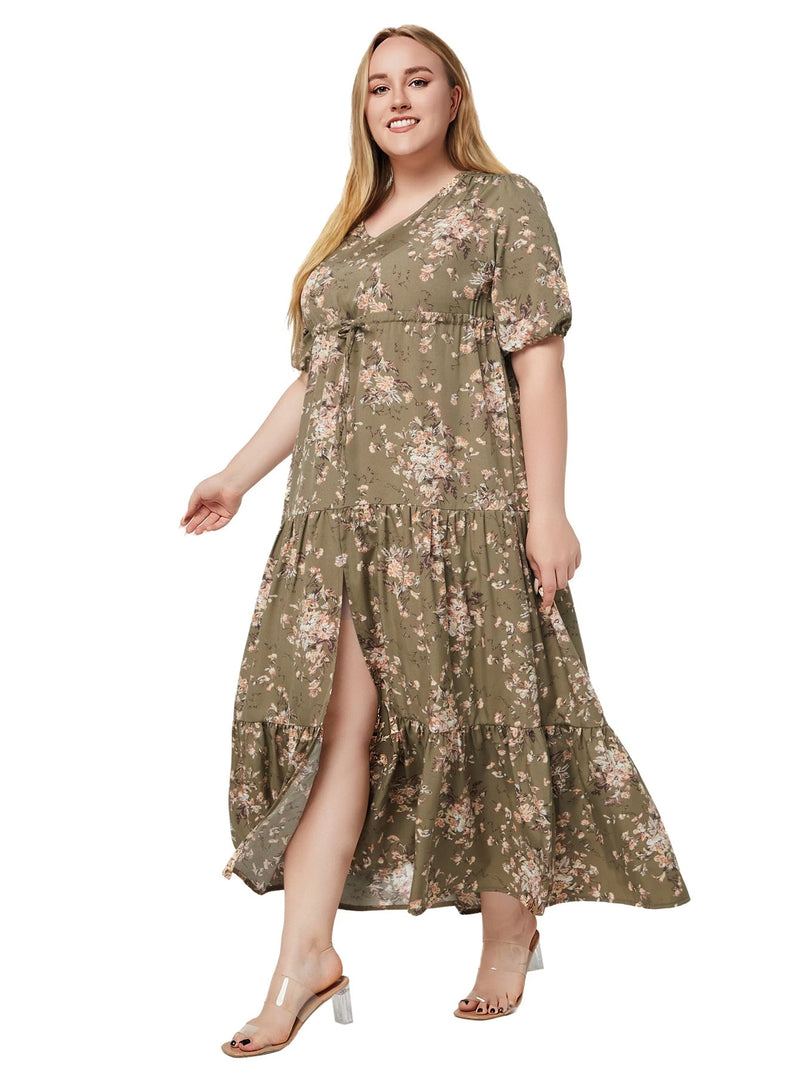Plus-Size Boho Summer Dress with Floral Print-Green-2XL-State of Style