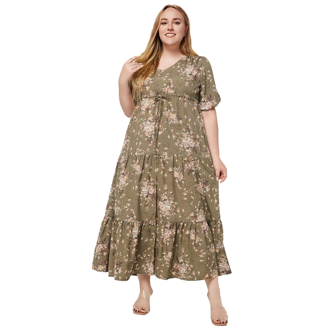 Plus-Size Boho Summer Dress with Floral Print-Green-2XL-State of Style