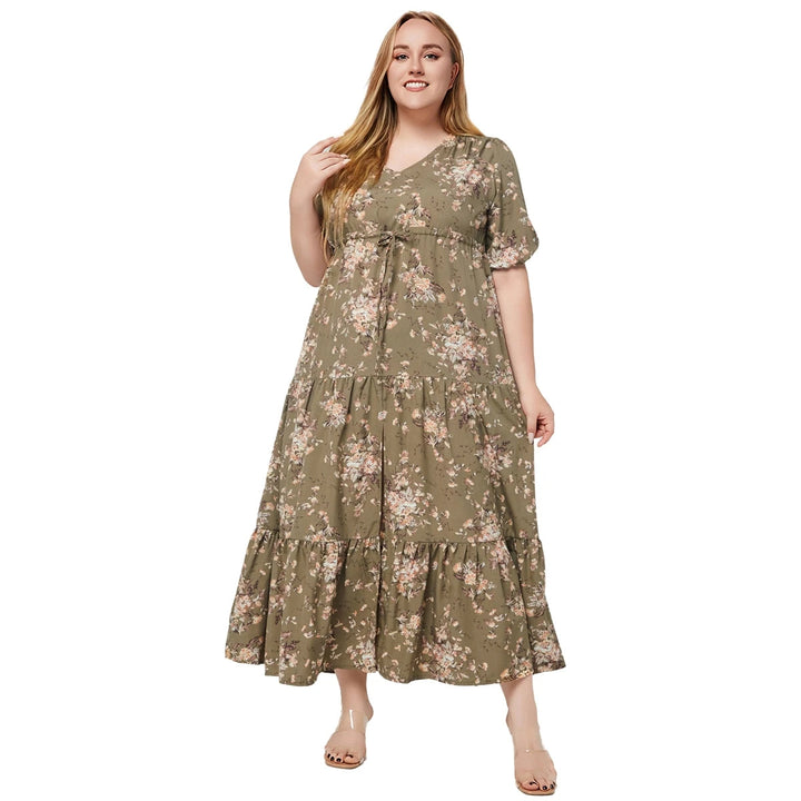Plus-Size Boho Summer Dress with Floral Print-Green-2XL-State of Style