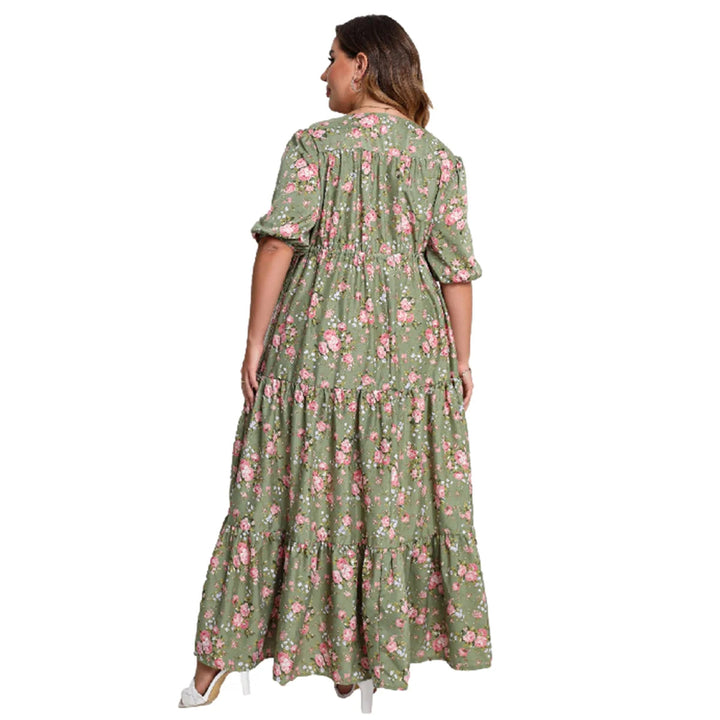 Plus-Size Boho Summer Dress with Floral Print-Green-2XL-State of Style
