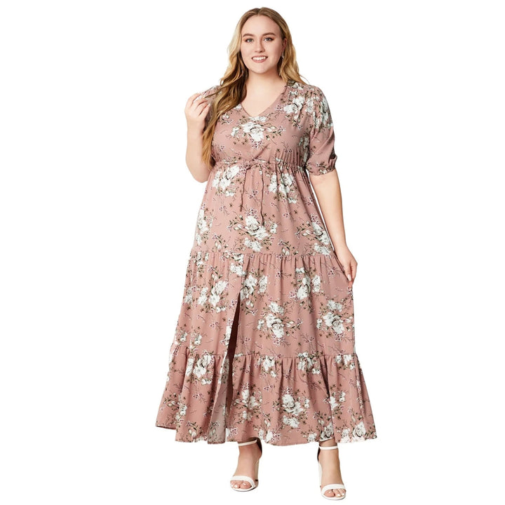 Plus-Size Boho Summer Dress with Floral Print-Green-2XL-State of Style