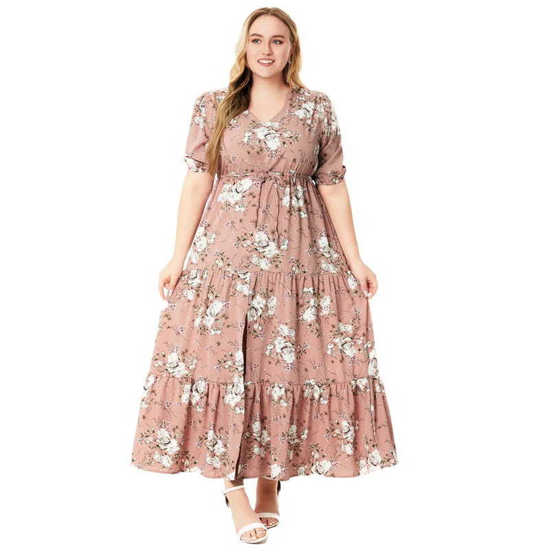 Plus-Size Boho Summer Dress with Floral Print-Green-2XL-State of Style