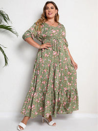 Plus-Size Boho Summer Dress with Floral Print-Green-2XL-State of Style