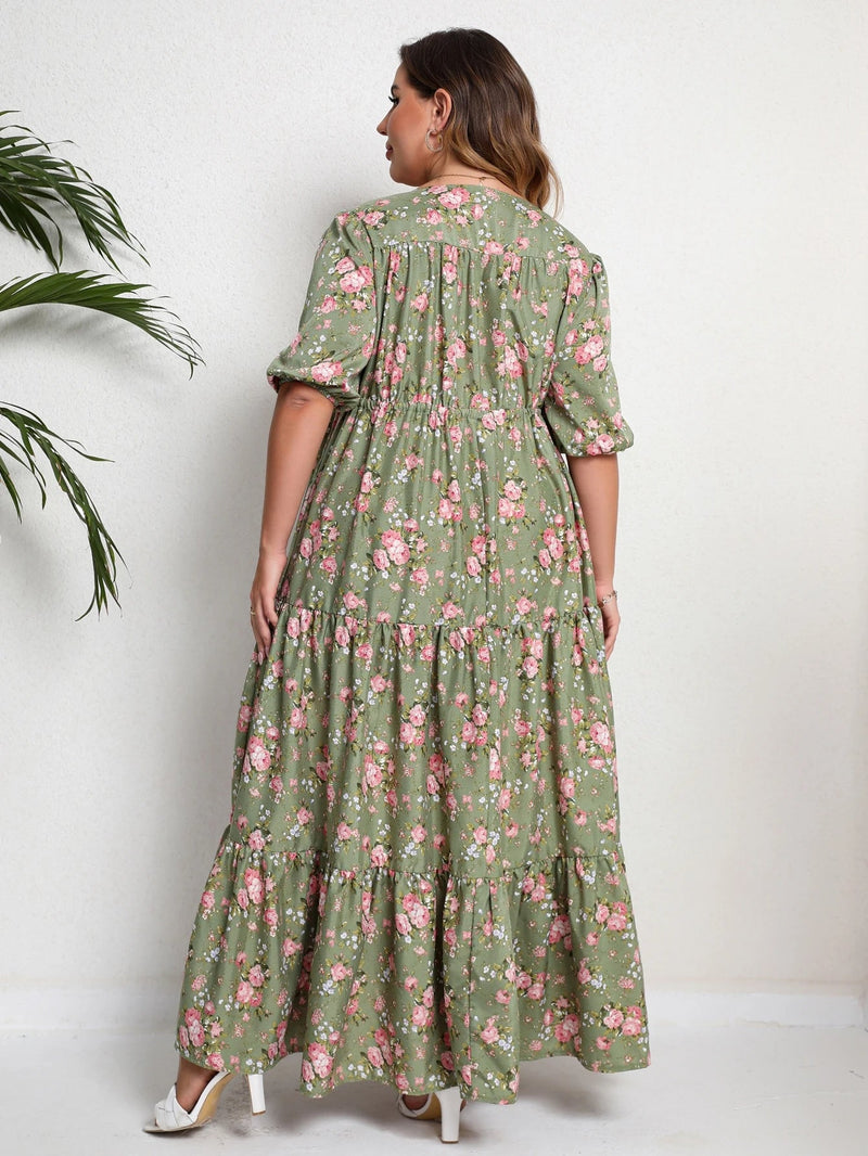 Plus-Size Boho Summer Dress with Floral Print-Green-2XL-State of Style
