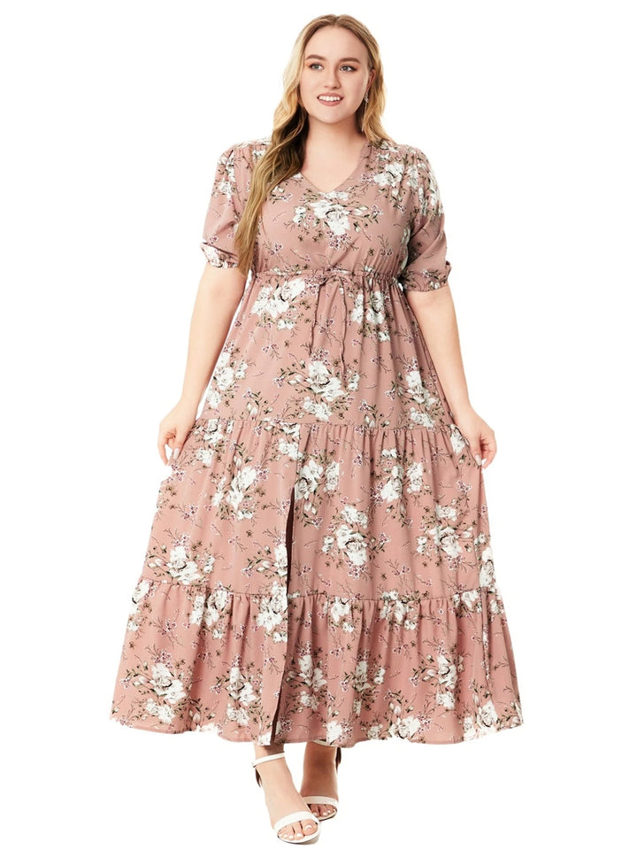 Plus-Size Boho Summer Dress with Floral Print-Pink-2XL-State of Style