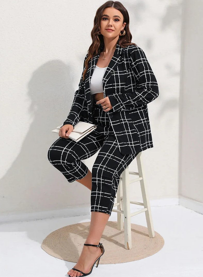Plus Size Checkered Blazer & Cropped Trousers Two-Piece Suit Set-L-State of Style