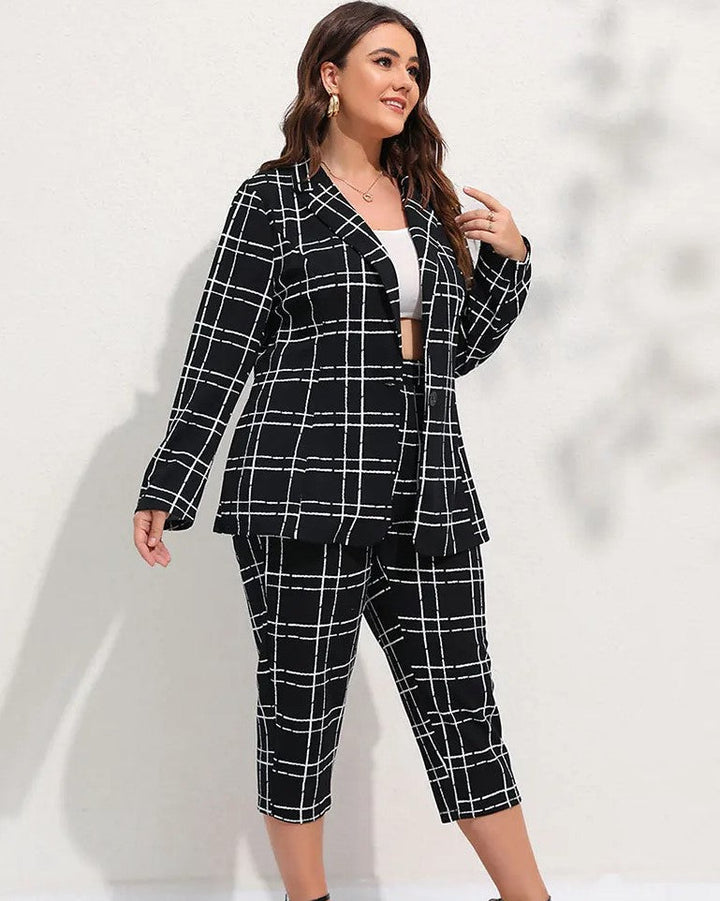 Plus Size Checkered Blazer & Cropped Trousers Two-Piece Suit Set-L-State of Style