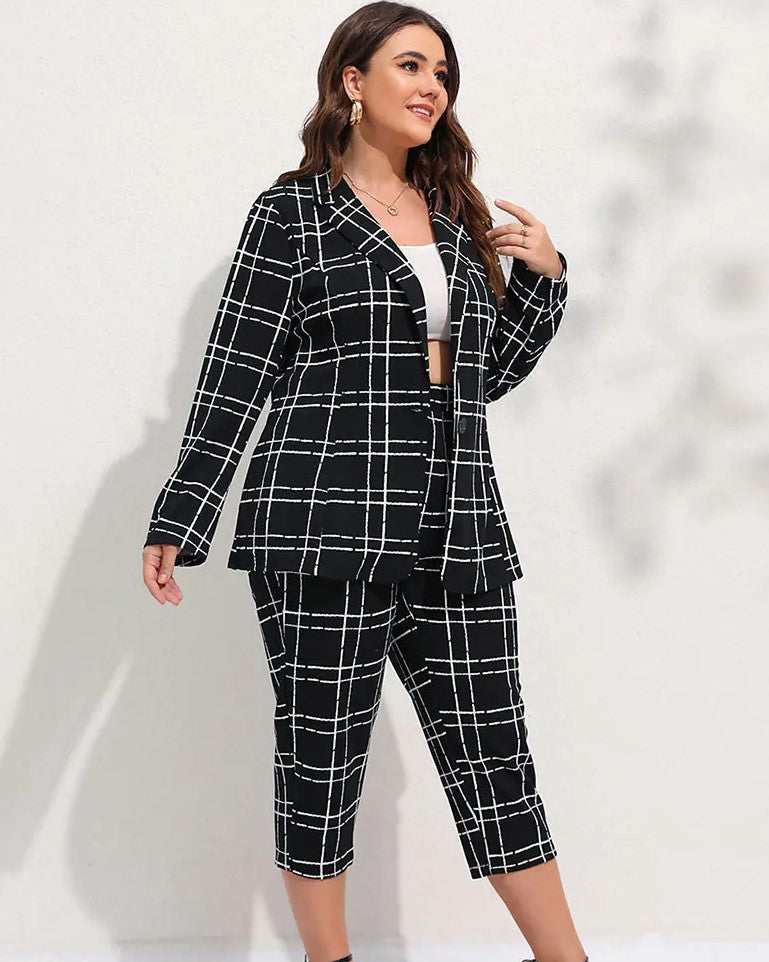 Plus Size Checkered Blazer & Cropped Trousers Two-Piece Suit Set-L-State of Style