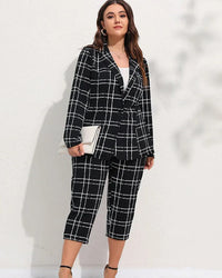 Plus Size Checkered Blazer & Cropped Trousers Two-Piece Suit Set-L-State of Style