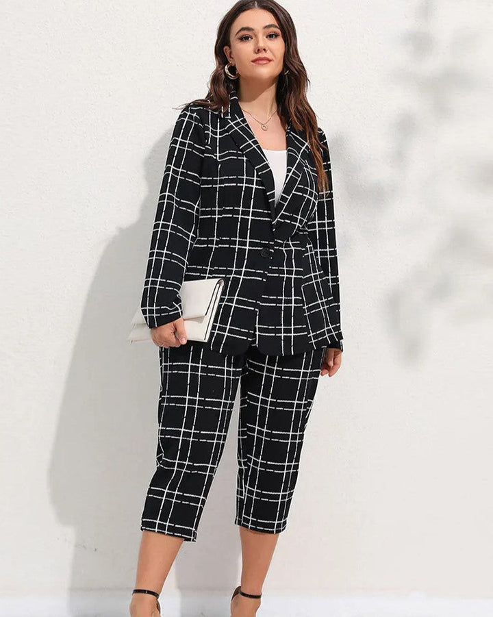 Plus Size Checkered Blazer & Cropped Trousers Two-Piece Suit Set-L-State of Style