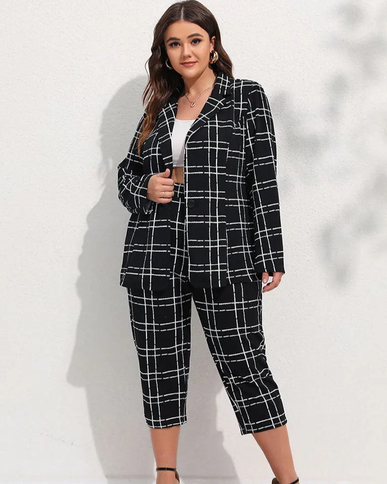 Plus Size Checkered Blazer & Cropped Trousers Two-Piece Suit Set-L-State of Style