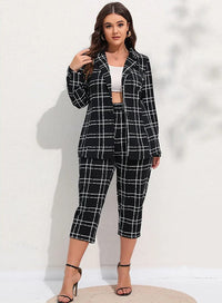 Plus Size Checkered Blazer & Cropped Trousers Two-Piece Suit Set-L-State of Style