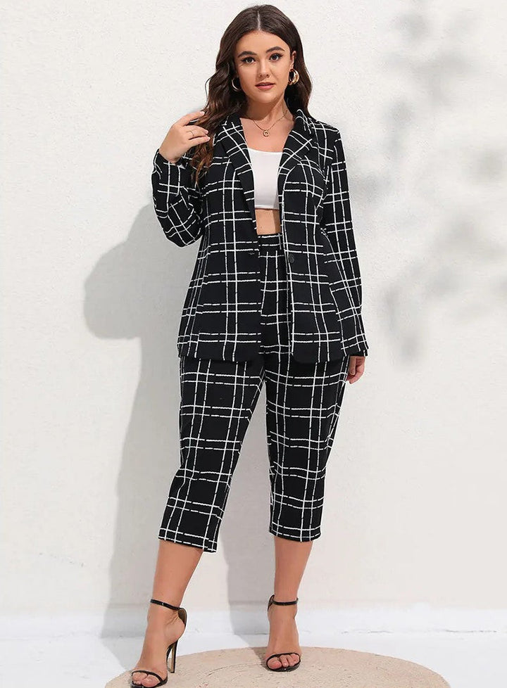 Plus Size Checkered Blazer & Cropped Trousers Two-Piece Suit Set-L-State of Style