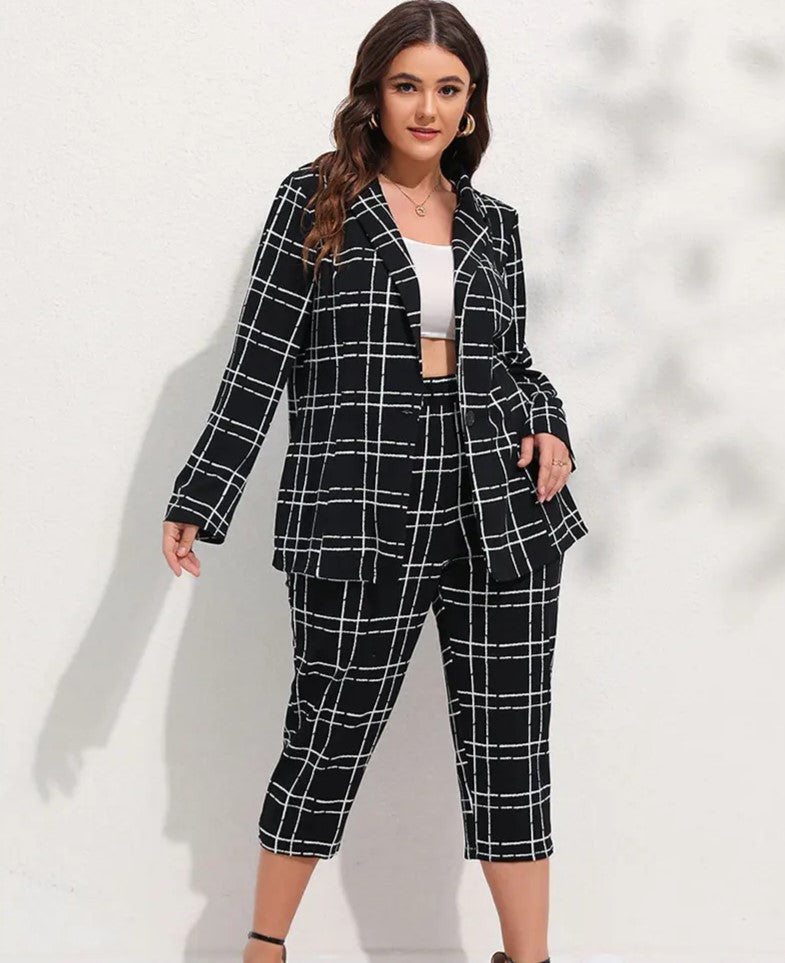 Plus Size Checkered Blazer & Cropped Trousers Two-Piece Suit Set-L-State of Style