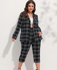 Plus Size Checkered Blazer & Cropped Trousers Two-Piece Suit Set-L-State of Style