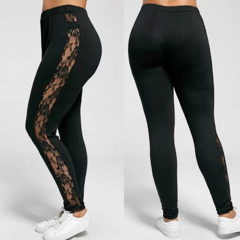 Plus-Size Fitness Leggings with Lace Detailing-Black-2XL-State of Style