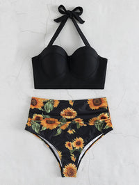Plus Size Floral Fantasy Push-Up Bikini Set-Black-2XL-State of Style