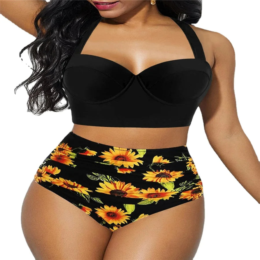 Plus Size Floral Fantasy Push-Up Bikini Set-Black-2XL-State of Style