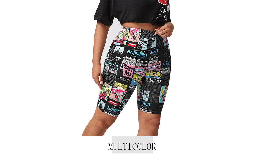 Plus Size Fun Cartoon Print High-Waisted Shorts-Multicoloured-2XL-State of Style
