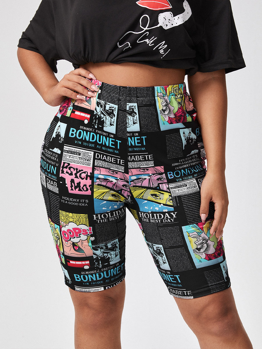 Plus Size Fun Cartoon Print High-Waisted Shorts-Multicoloured-2XL-State of Style
