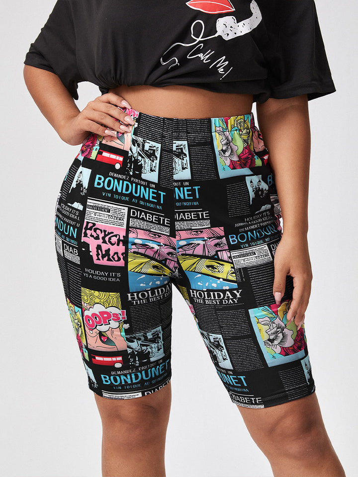 Plus Size Fun Cartoon Print High-Waisted Shorts-Multicoloured-2XL-State of Style