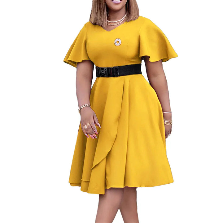 Plus Size High Waist A-Line Dress-Yellow-S-State of Style