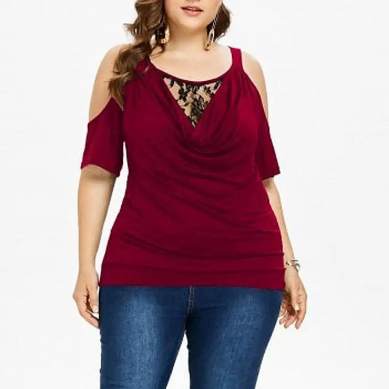 Plus Size Lace Top with Short Sleeves – Off-Shoulder Design-Black-2XL-State of Style