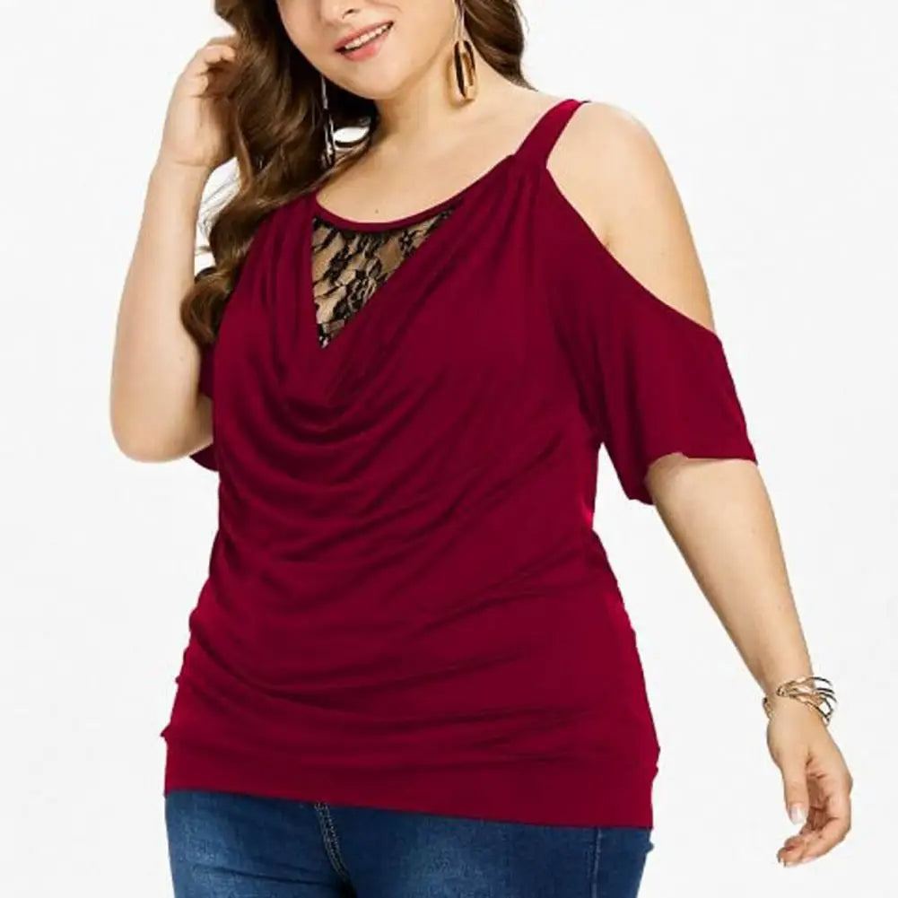 Plus Size Lace Top with Short Sleeves – Off-Shoulder Design-Black-2XL-State of Style