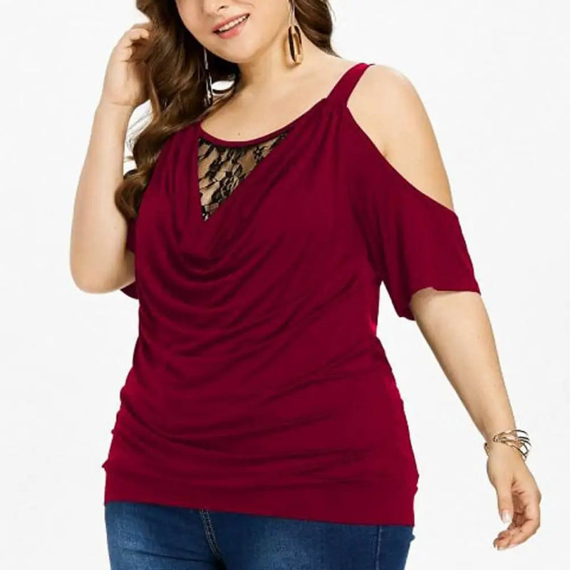 Plus Size Lace Top with Short Sleeves – Off-Shoulder Design-Black-2XL-State of Style