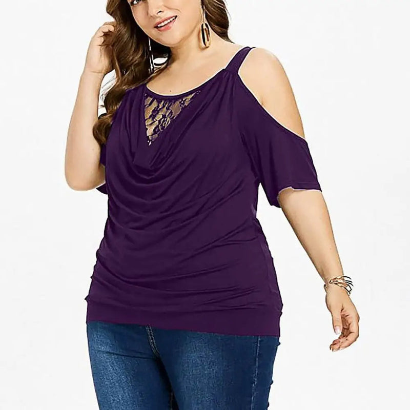 Plus Size Lace Top with Short Sleeves – Off-Shoulder Design-Black-2XL-State of Style