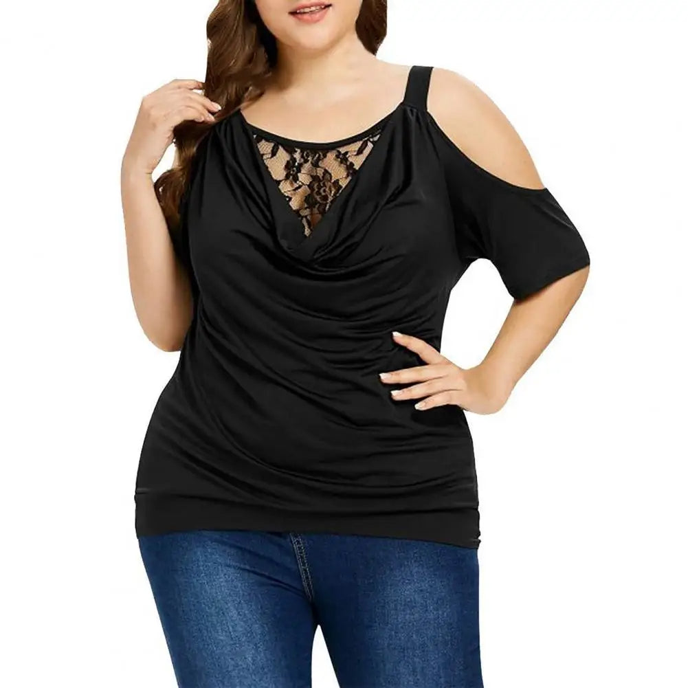 Plus Size Lace Top with Short Sleeves – Off-Shoulder Design-Black-2XL-State of Style