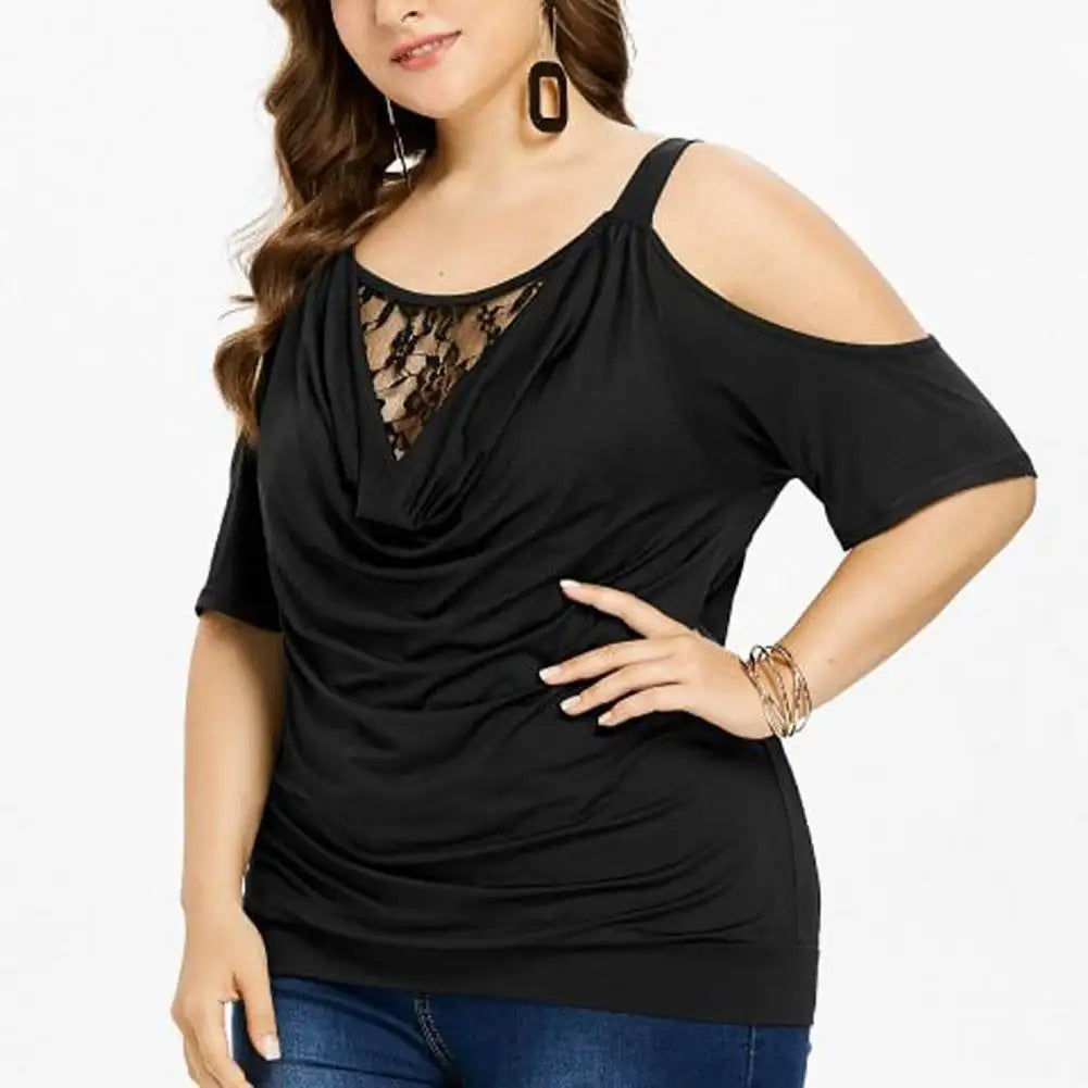 Plus Size Lace Top with Short Sleeves – Off-Shoulder Design-Black-2XL-State of Style