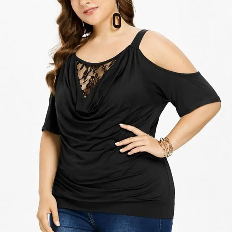 Plus Size Lace Top with Short Sleeves – Off-Shoulder Design-Black-2XL-State of Style