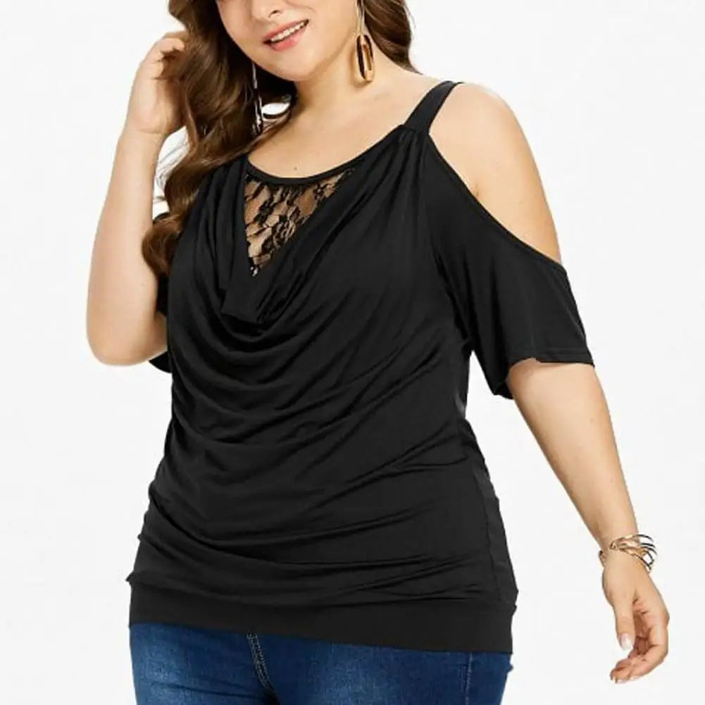 Plus Size Lace Top with Short Sleeves – Off-Shoulder Design-Black-2XL-State of Style