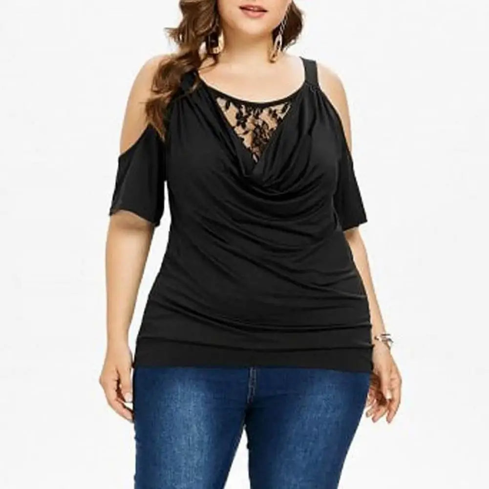 Plus Size Lace Top with Short Sleeves – Off-Shoulder Design-Black-2XL-State of Style