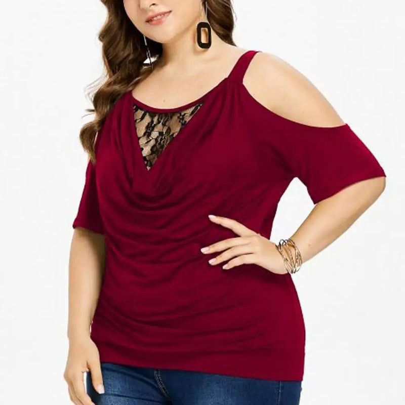Plus Size Lace Top with Short Sleeves – Off-Shoulder Design-Black-2XL-State of Style
