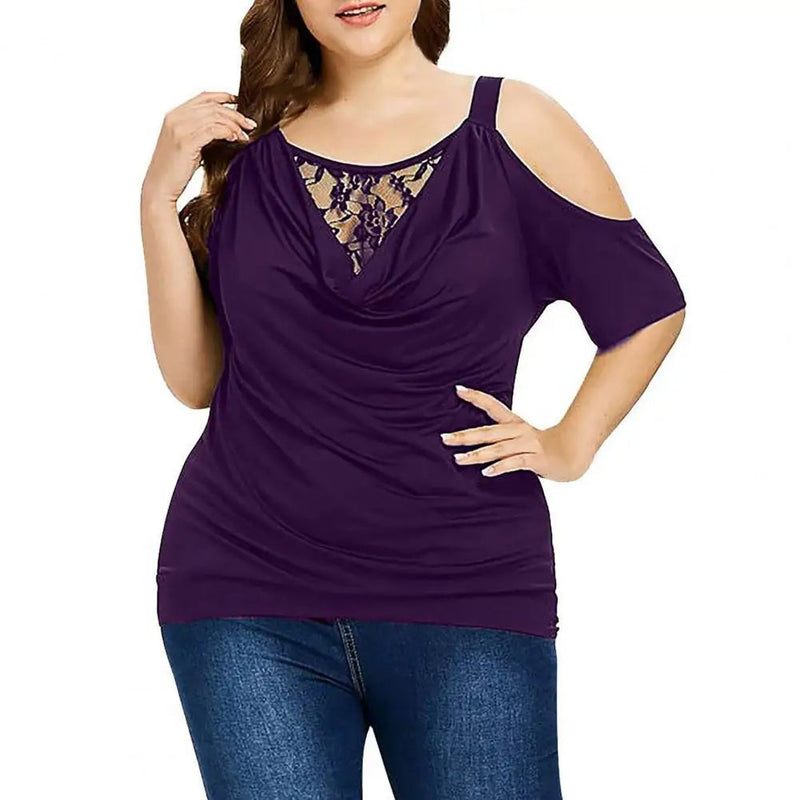 Plus Size Lace Top with Short Sleeves – Off-Shoulder Design-Purple-2XL-State of Style